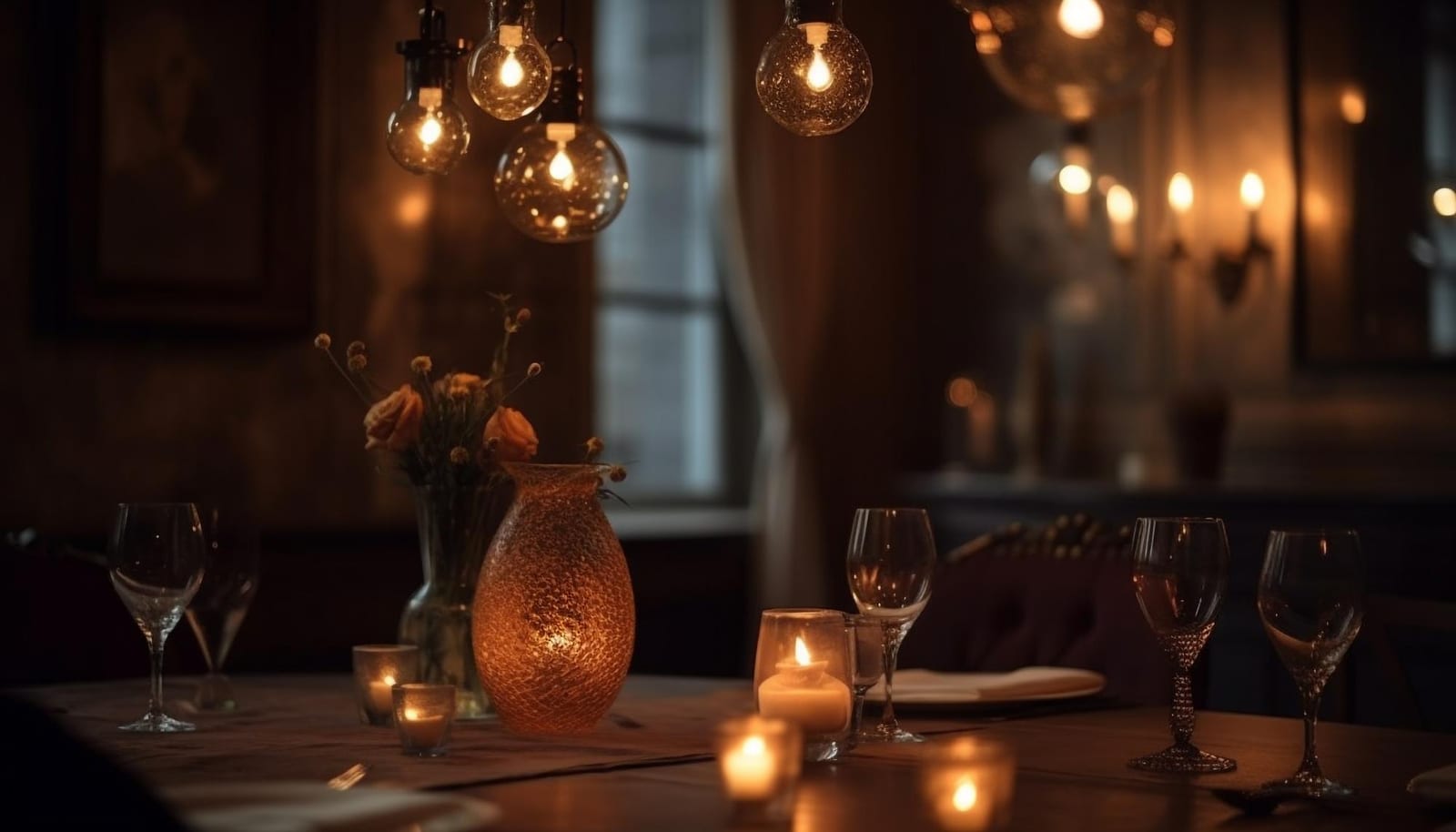 Salão da Massa & Afeto iluminado à luz de velas, mesas preparadas para um jantar em grupo